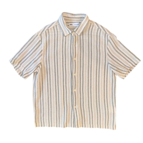 Zara Men's Casual Striped Shirt - Cream and Blue - Picture 1 of 6